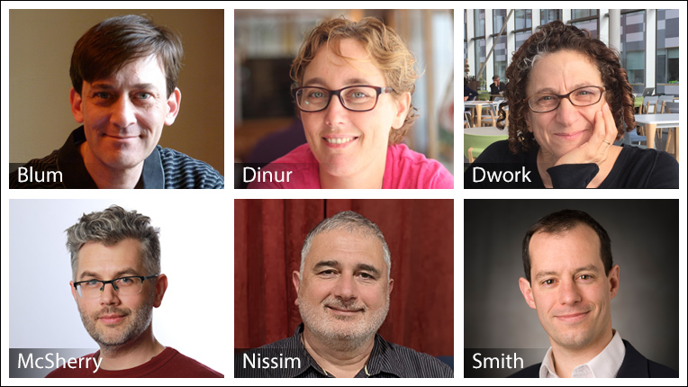 2021 ACM Paris Kanellakis Award recipients Avrim Blum, Irit Dinur, Cynthia Dwork, Frank McSherry, Kobbi Nissim, and Adam Davison Smith
