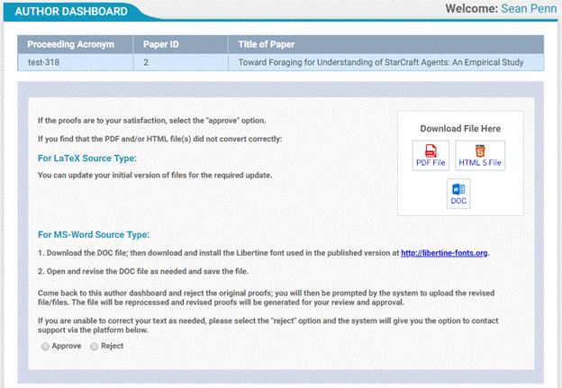 Author dashboard screen showing the PDF, HTML5, DOC icons where you authors can click to view TAPS output. Authors who need to correct their source files are instructed to follow directions on the screen.