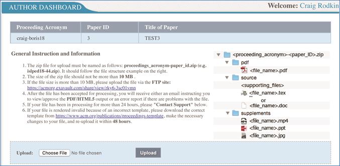 Image of the author dashboard in TAPS. Contains information regarding your article, packaging and uploading instructions to TAPS